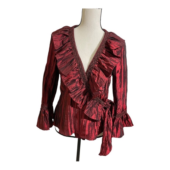 Jackie Jon New York womens blouse wrap wrinkle material red bell sleeves - Picture 12 of 13